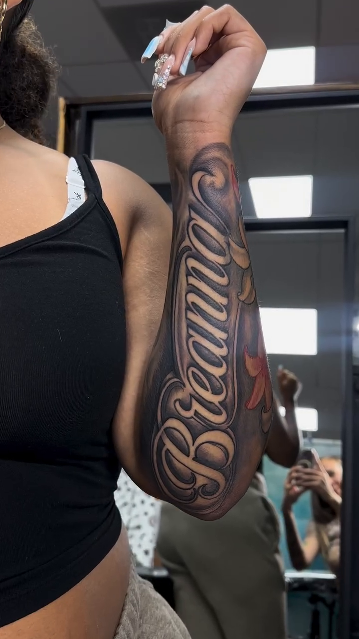 Tattoo by @krushkortnay — lettering_script, black_and_grey