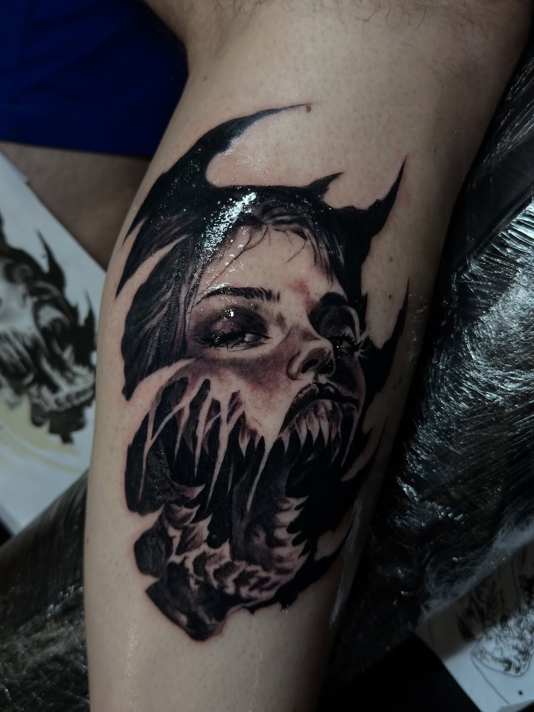 Tattoo by @kay.b.tats — dark_realism, blackwork