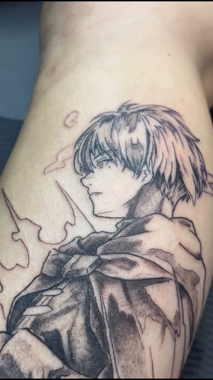 Tattoo by @bboyemo — anime, black_and_grey