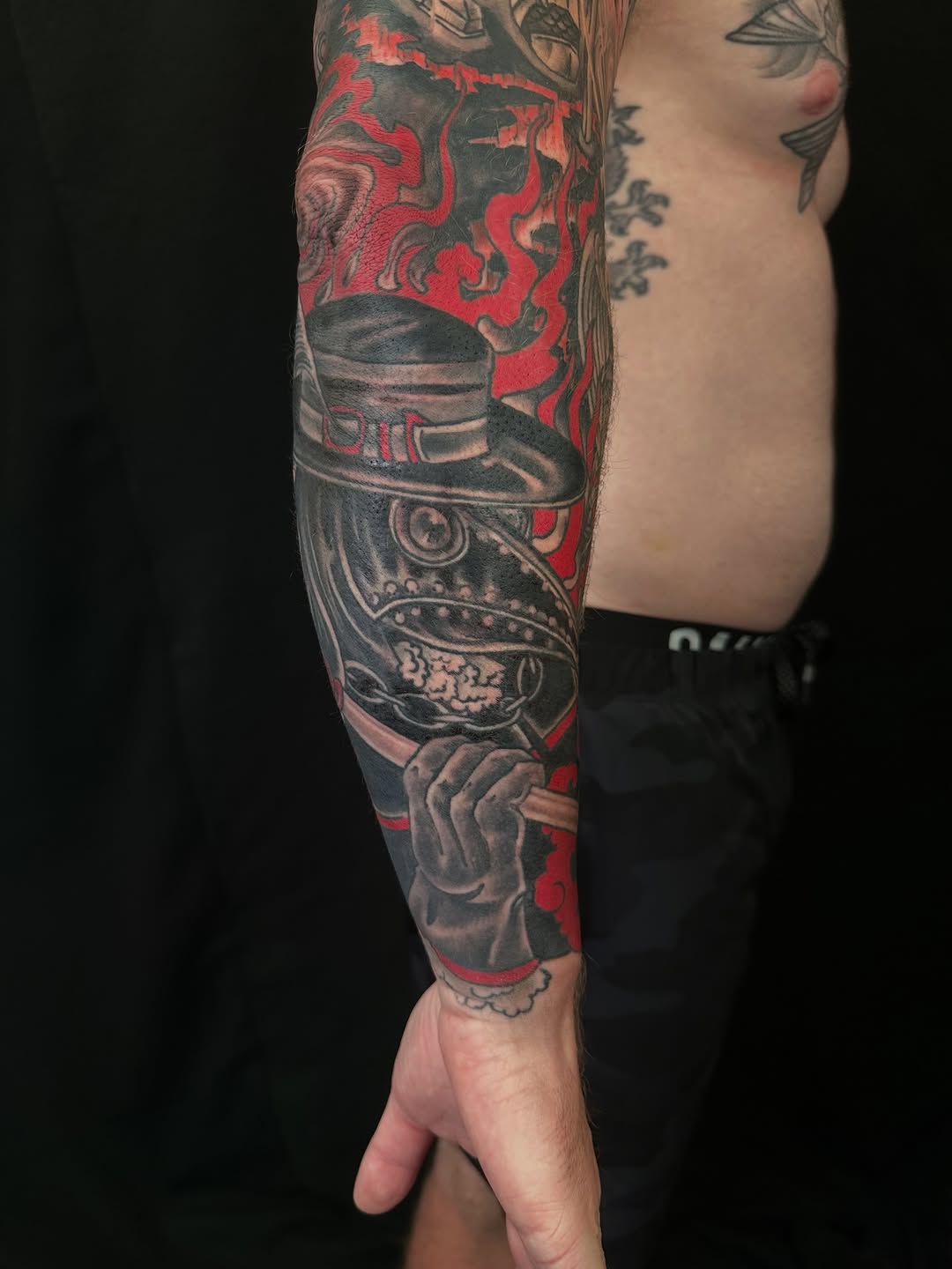 Tattoo by @electricunicorn — black_and_grey, trash_polka
