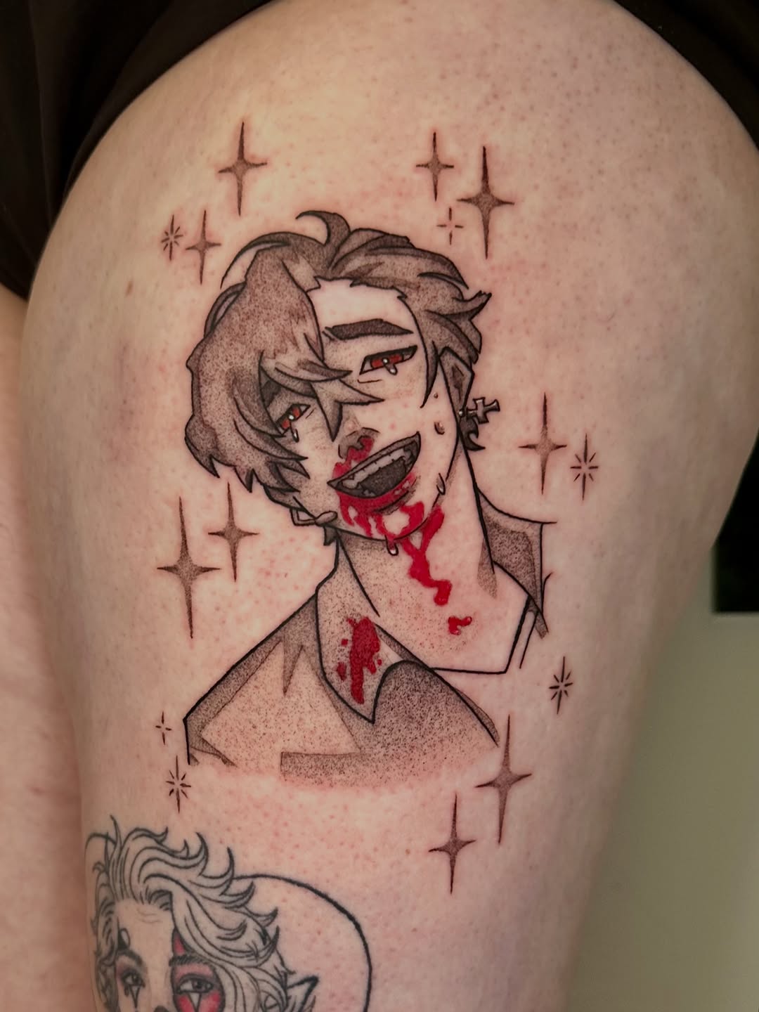 Tattoo by @ooey.gooey.tattooey — anime, black_and_grey