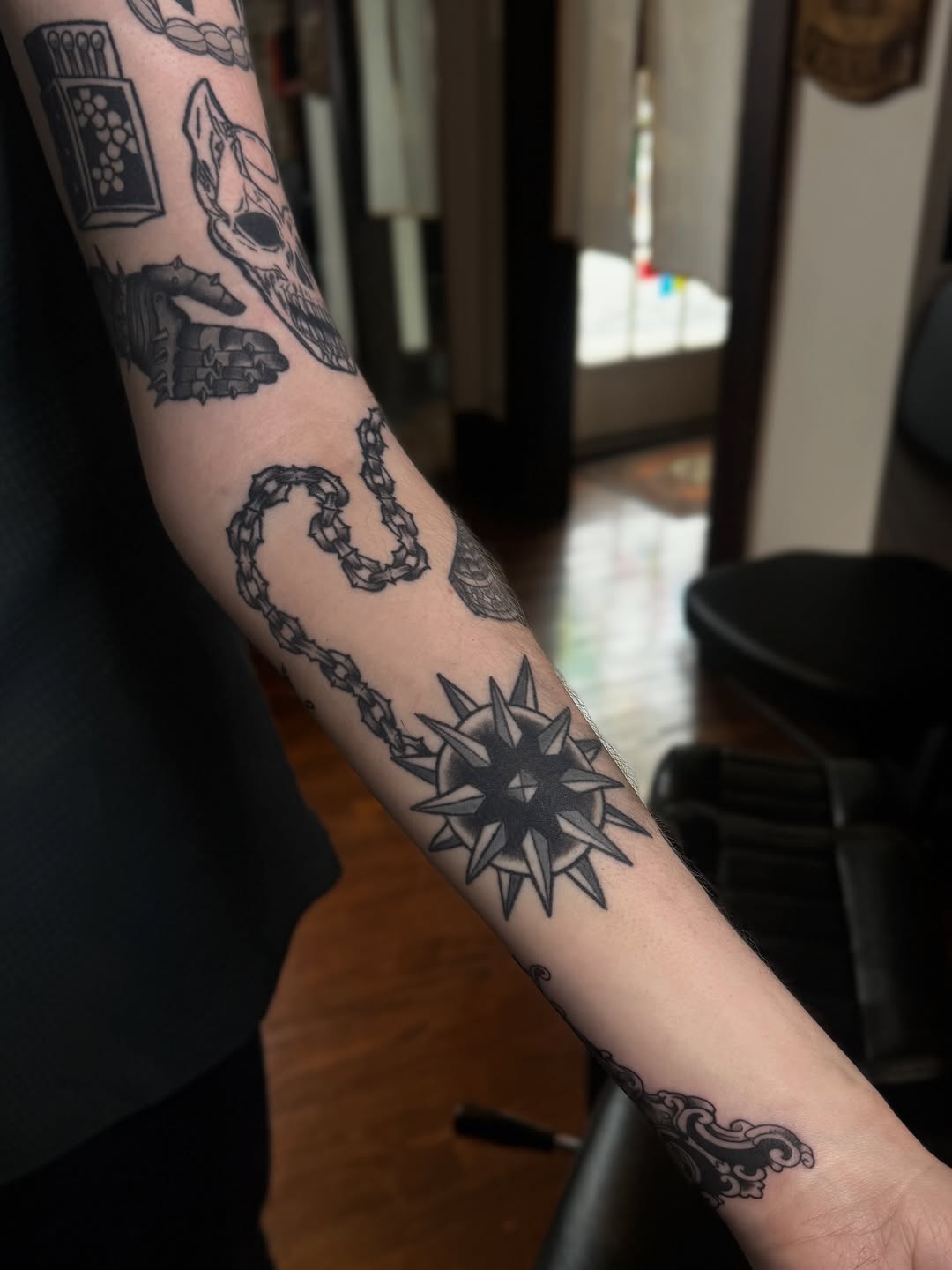 Tattoo by @stabbedbymaddie — black_and_grey, blackwork