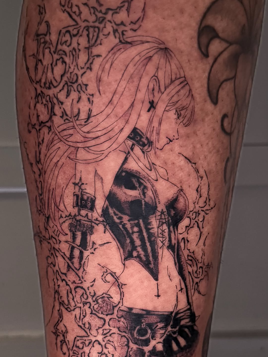Tattoo by @naviiart — anime, black_and_grey