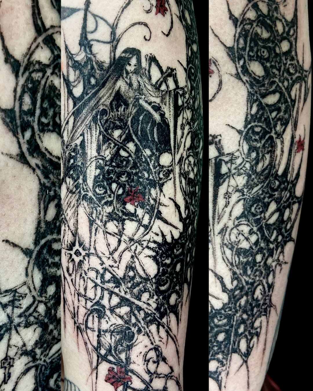 Tattoo by @friedraven_tattoo β dark_realism, blackwork