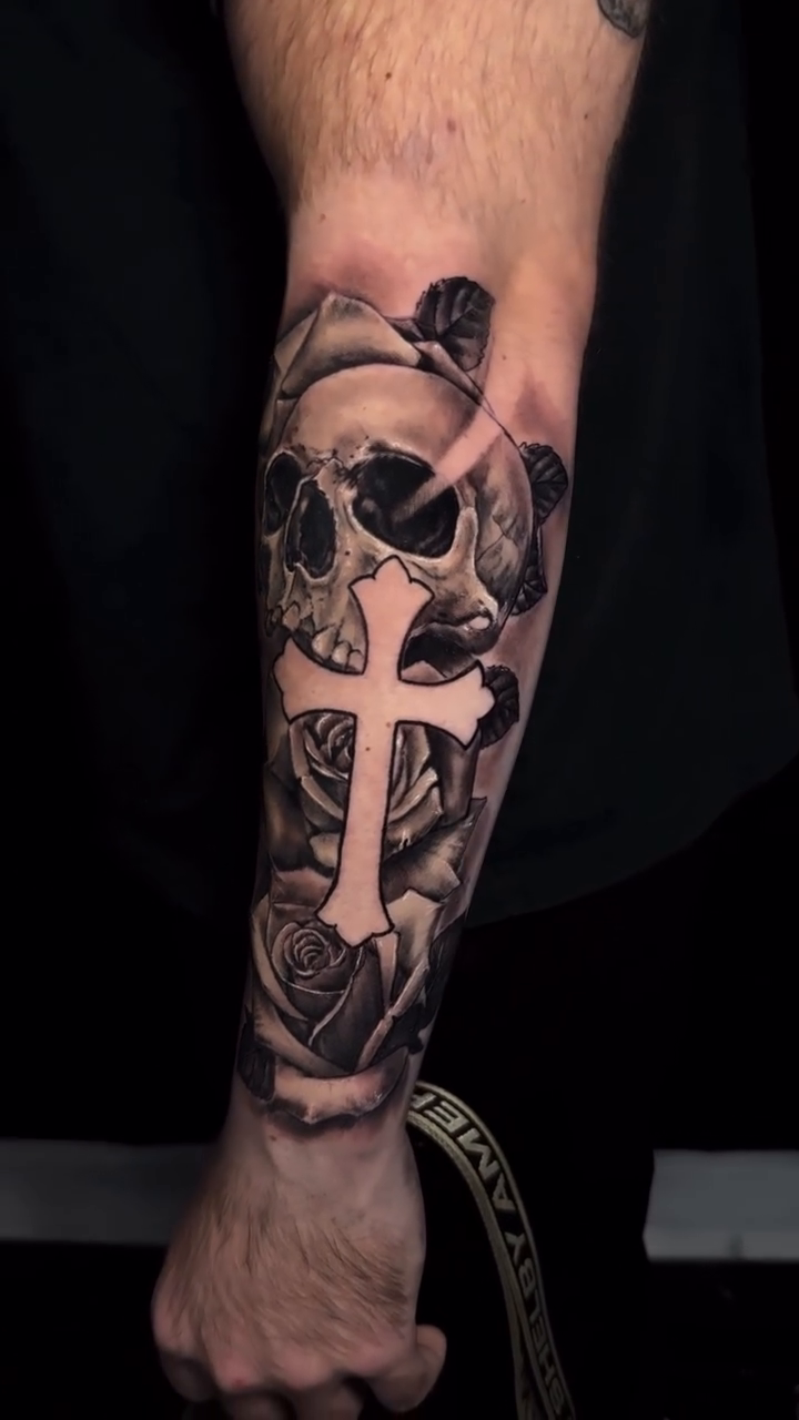 Tattoo by @grimlayertattoo — dark_realism, black_and_grey