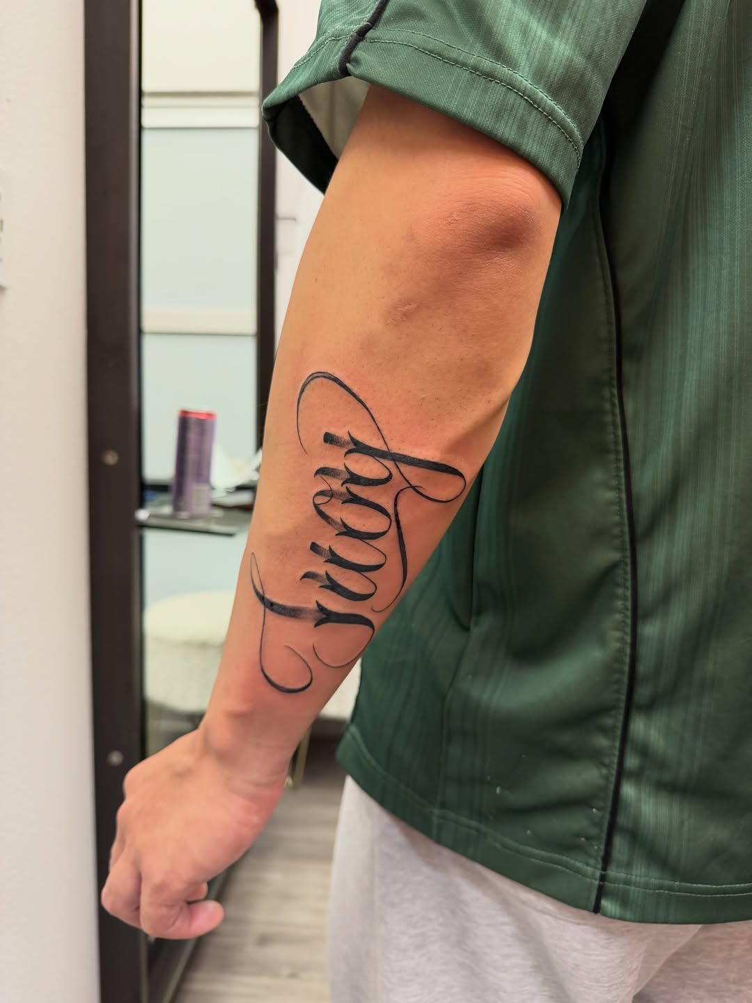 Tattoo by @gluhd_ink — lettering_script, chicano
