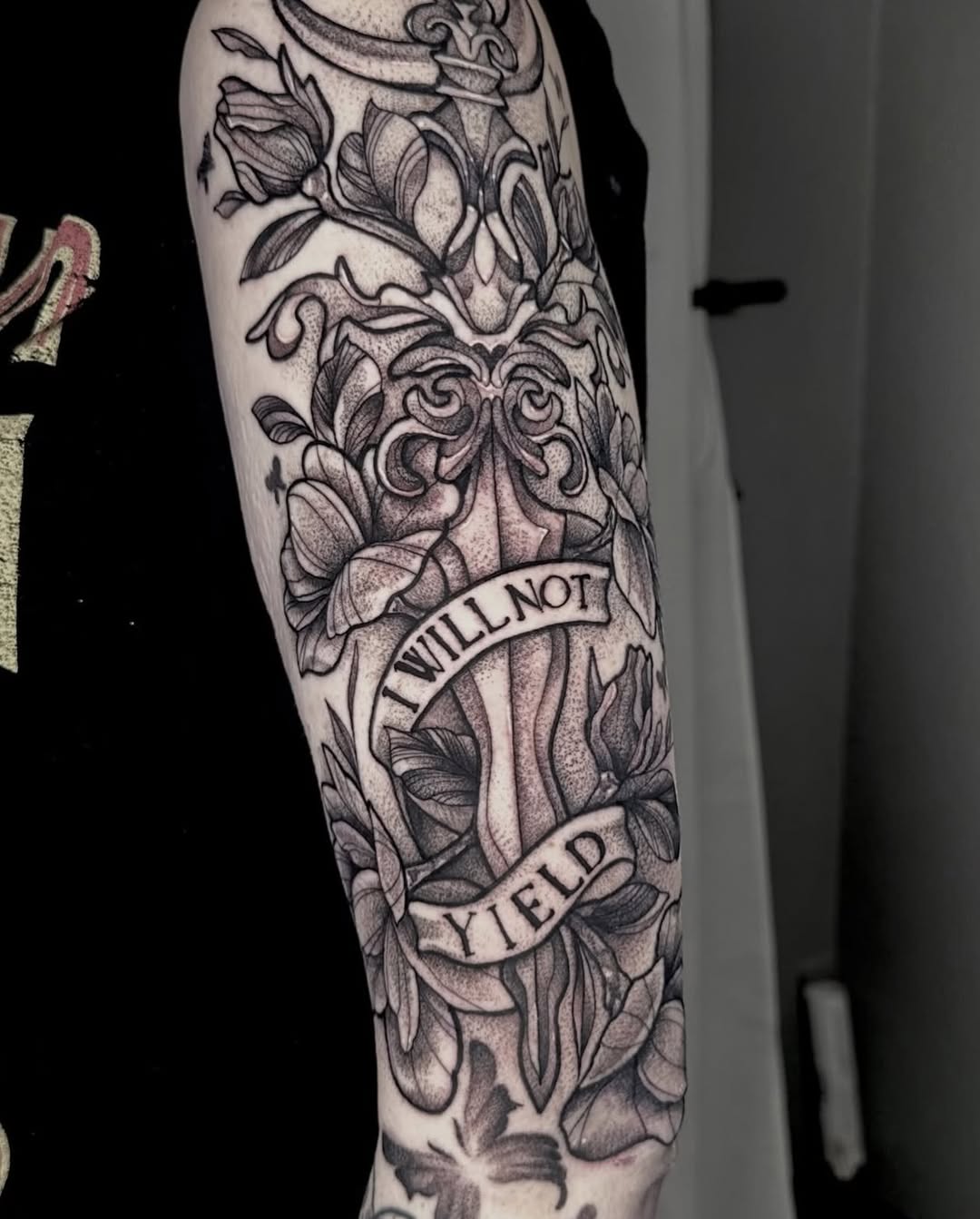 Tattoo by @bumbleknee_tattoos — black_and_grey, lettering_script