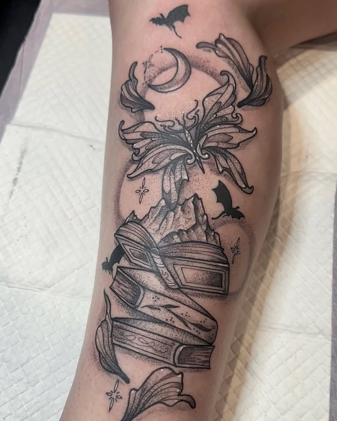 Tattoo by @bumbleknee_tattoos — black_and_grey, dotwork