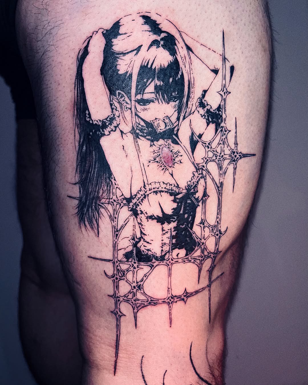 Tattoo by @leexitt — anime, black_and_grey