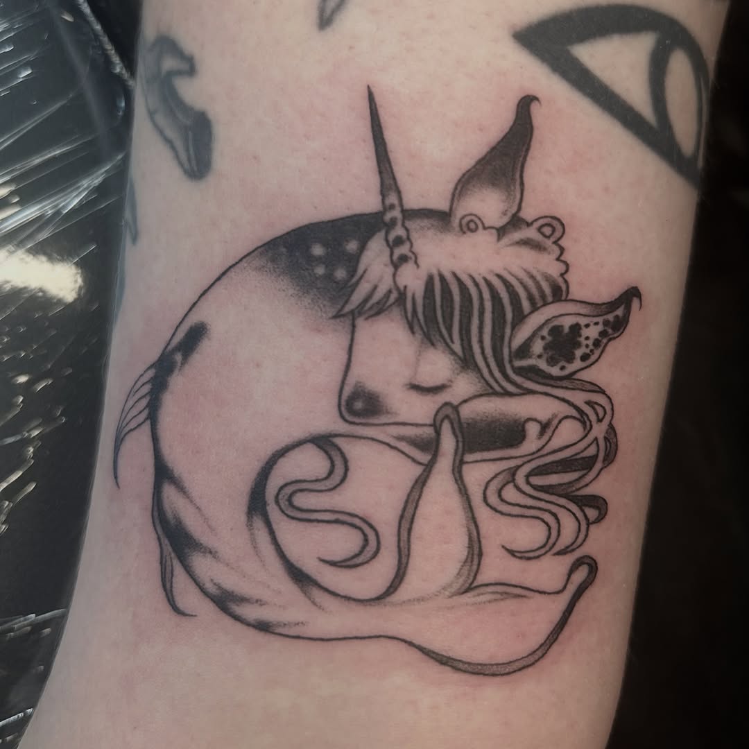Tattoo by @furcoat444 — black_and_grey, illustrative
