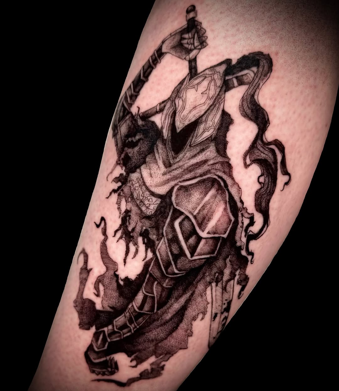 Tattoo by @astrochocobo — black_and_grey, dotwork