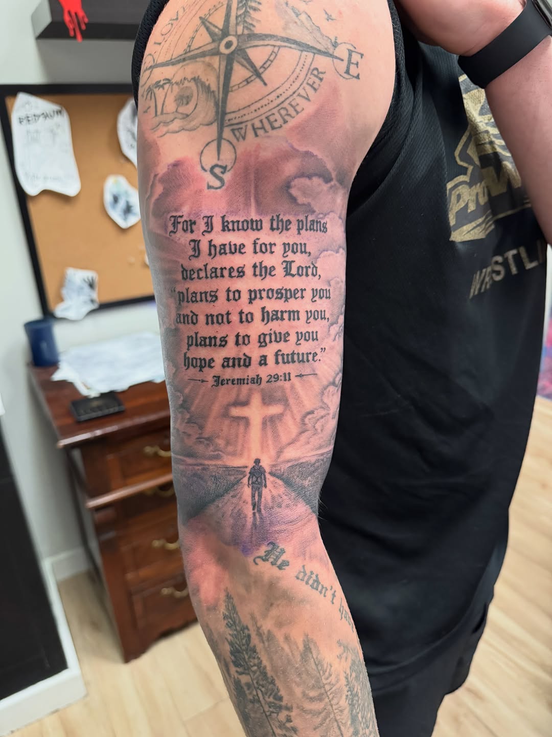 Tattoo by @jonflemingtattoos — lettering_script, black_and_grey