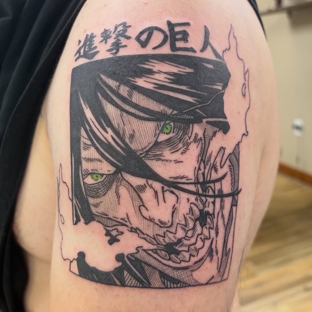 Tattoo by @ajo.ink — anime, black_and_grey