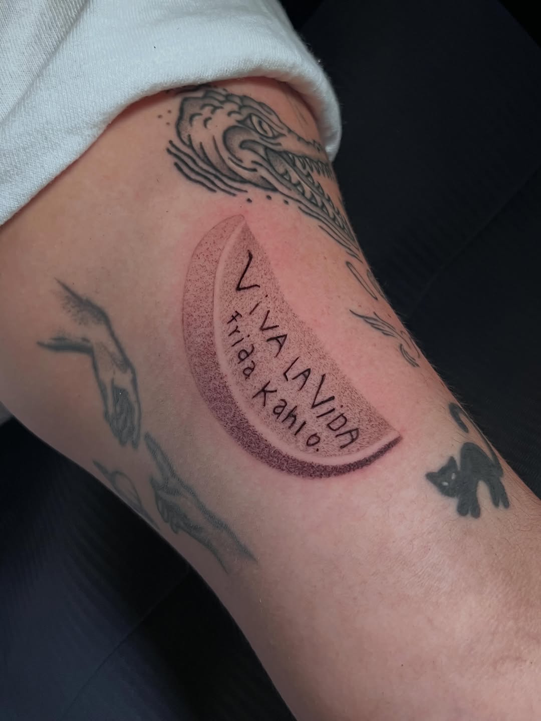 Tattoo by @galiciaink — lettering_script, dotwork