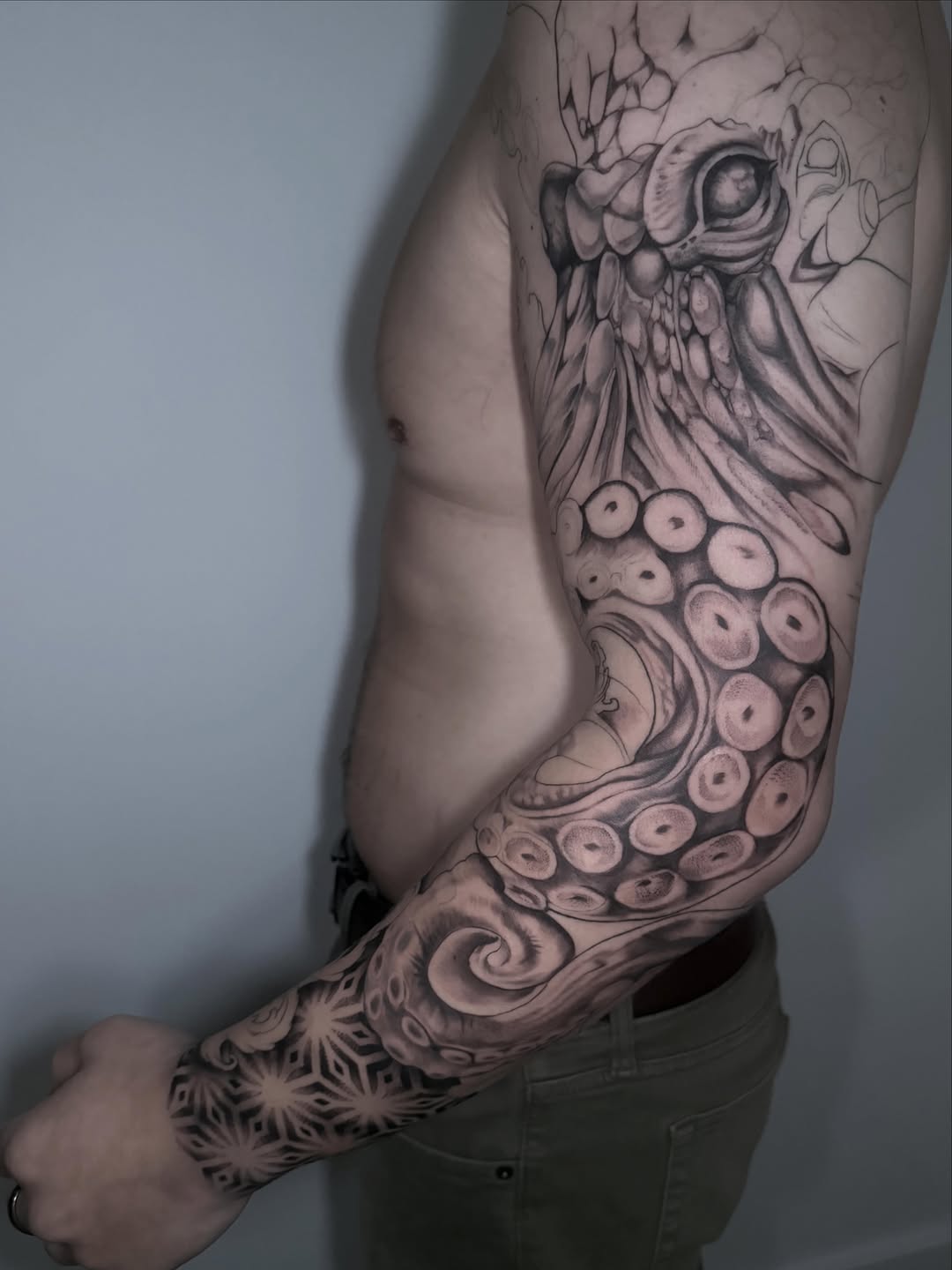 Tattoo by @whitehorsetattooing — black_and_grey, realism