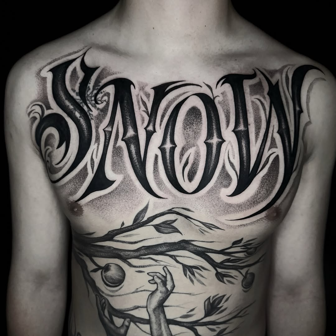 Tattoo by @the_alkomist — lettering_script, black_and_grey