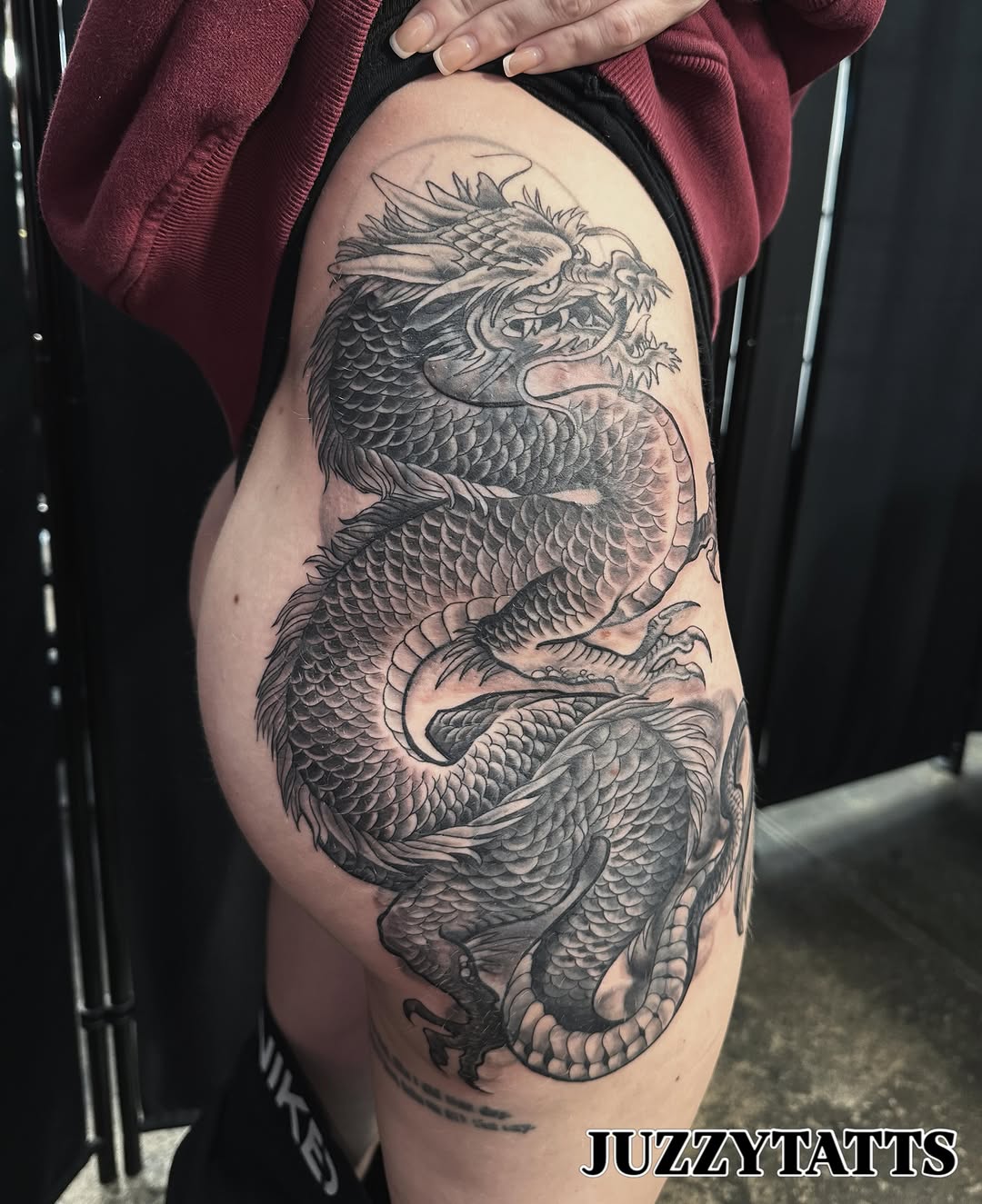 Tattoo by @juzzytatts — japanese_irezumi, black_and_grey