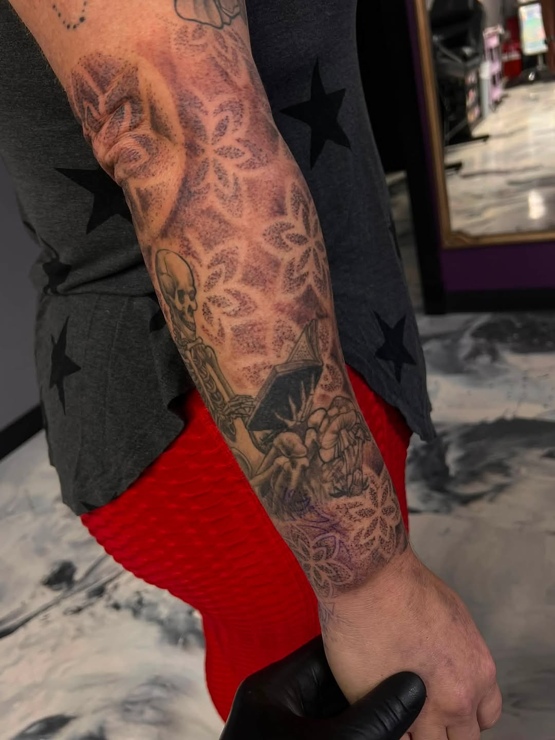 Tattoo by @souper.mario_ — black_and_grey, dotwork