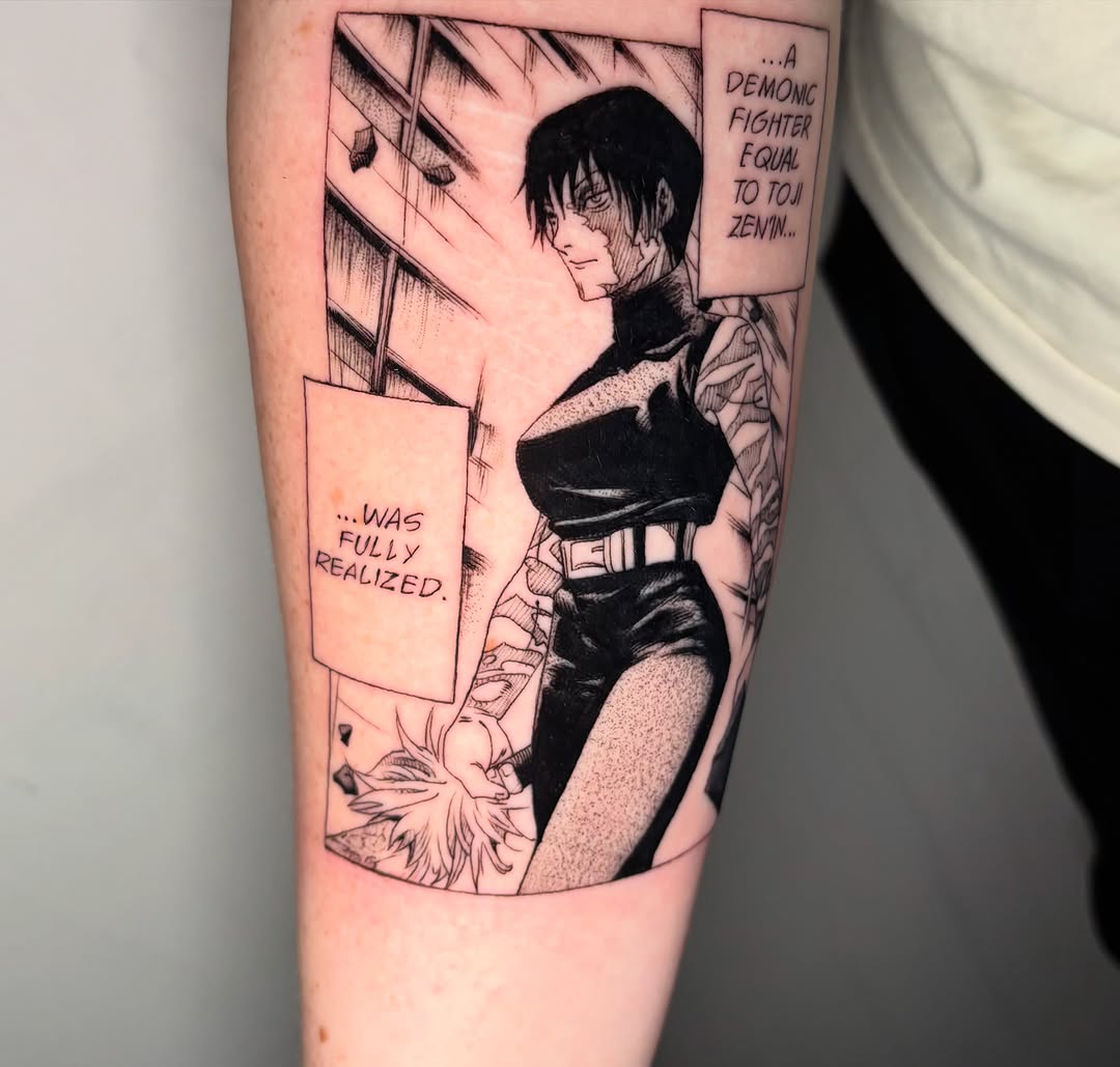 Tattoo by @morgue.inkz — anime, black_and_grey