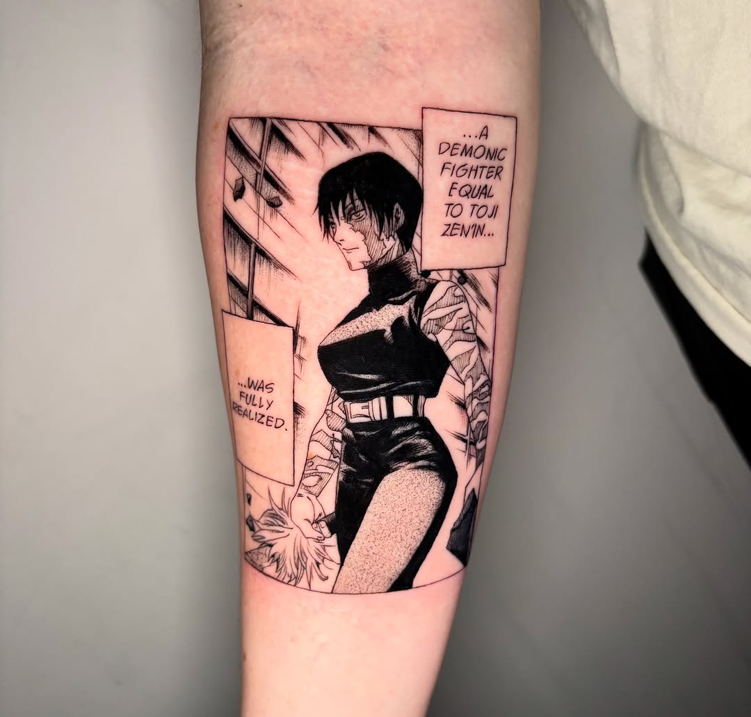 Tattoo by @morgue.inkz — anime, black_and_grey