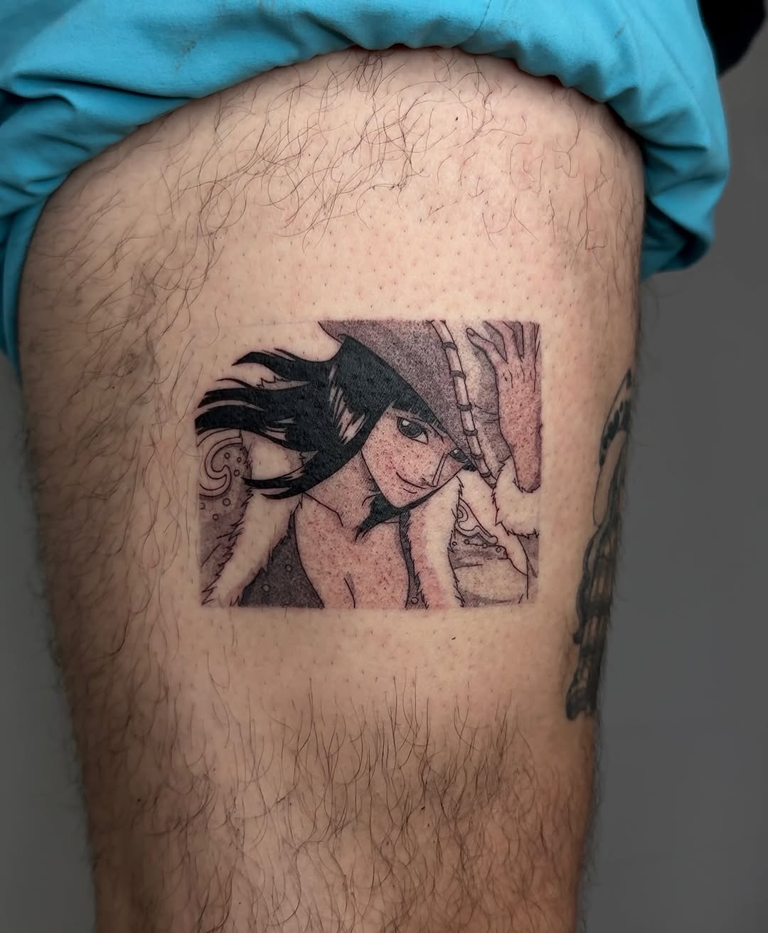 Tattoo by @konnichiwa.emi — anime, black_and_grey