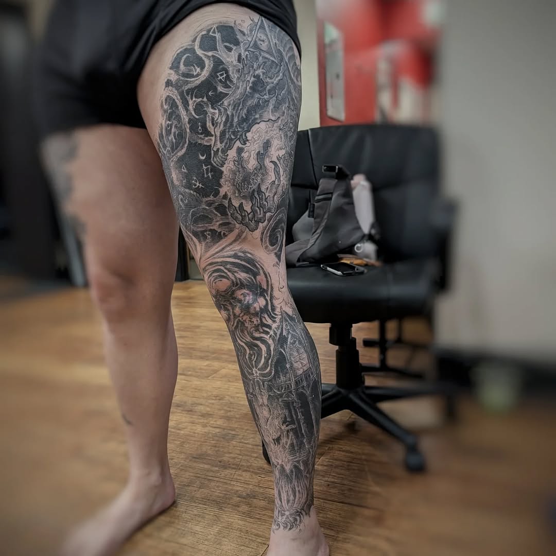 Tattoo by @graffitilostpdx — black_and_grey, dark_realism
