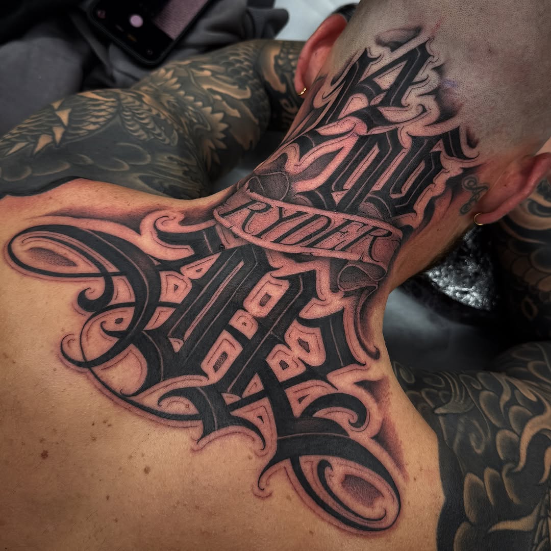 Tattoo by @dopeletterstattoo — lettering_script, black_and_grey