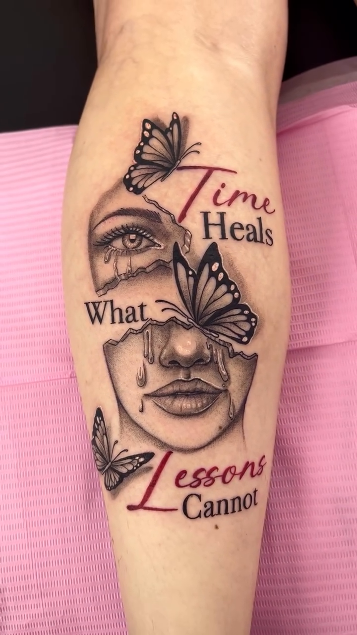 Tattoo by @inknpaint.society โ black_and_grey, lettering_script