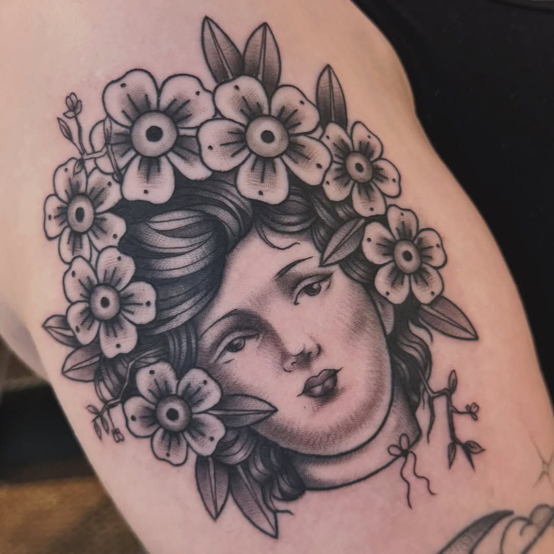 Tattoo by @nikkibeetattoos — black_and_grey, neo_traditional