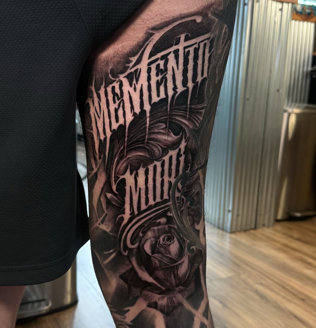 Tattoo by @aaronthomastattoos — lettering_script, black_and_grey