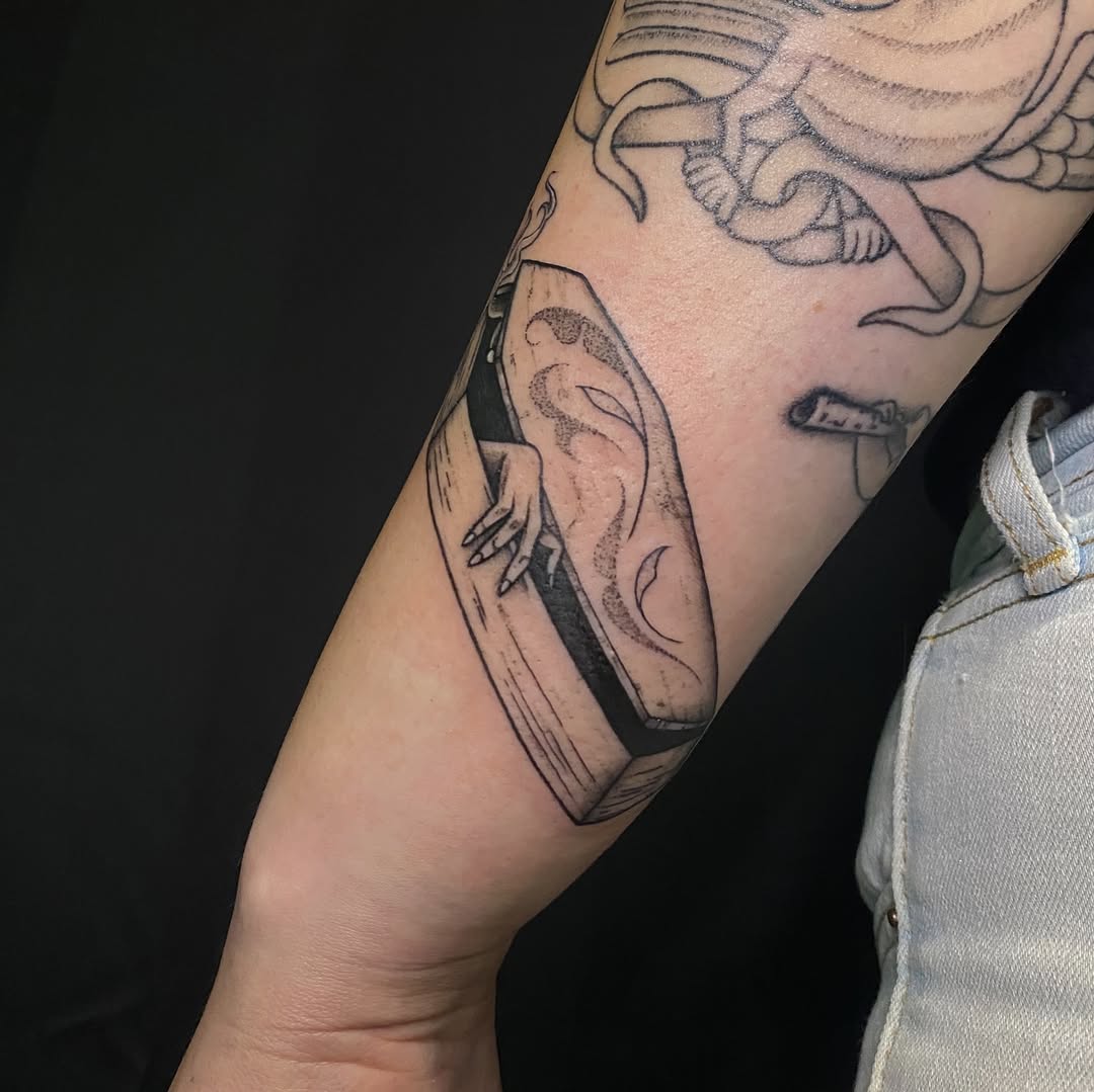 Tattoo by @gentledeviltattoo — black_and_grey, chicano