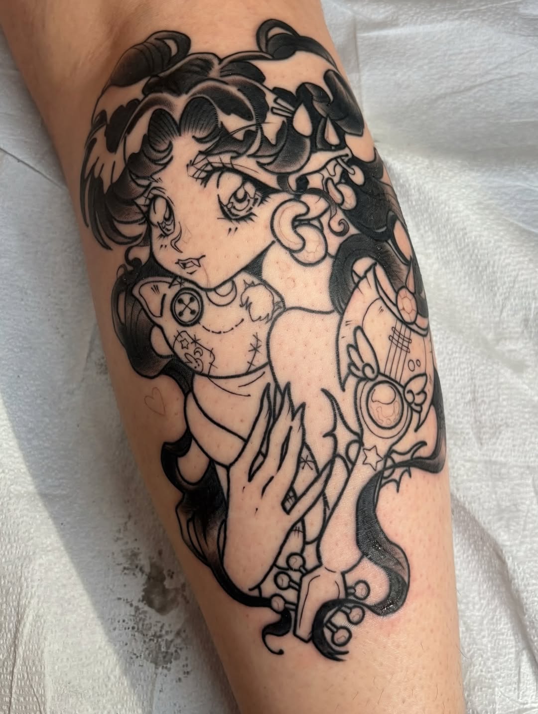 Tattoo by @toriwartooth — anime, black_and_grey