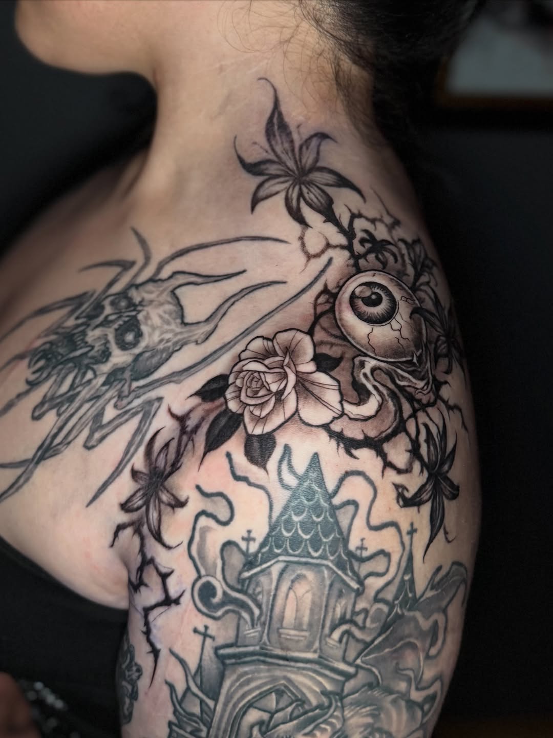 Tattoo by @tiptopartist — black_and_grey, dark_realism