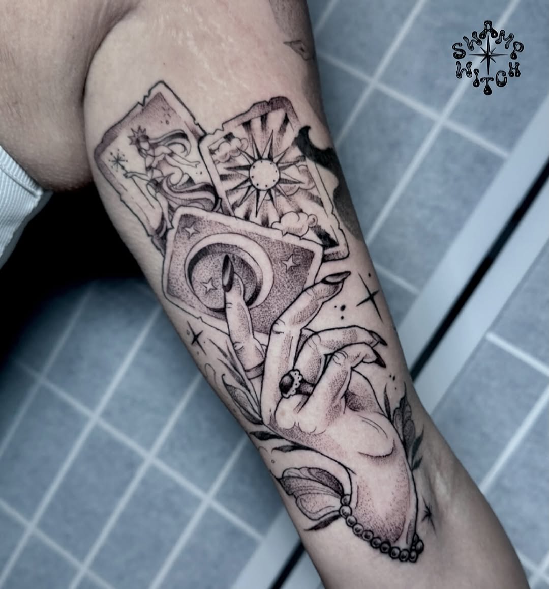 Tattoo by @swamp.witch.tattoos — black_and_grey, dotwork