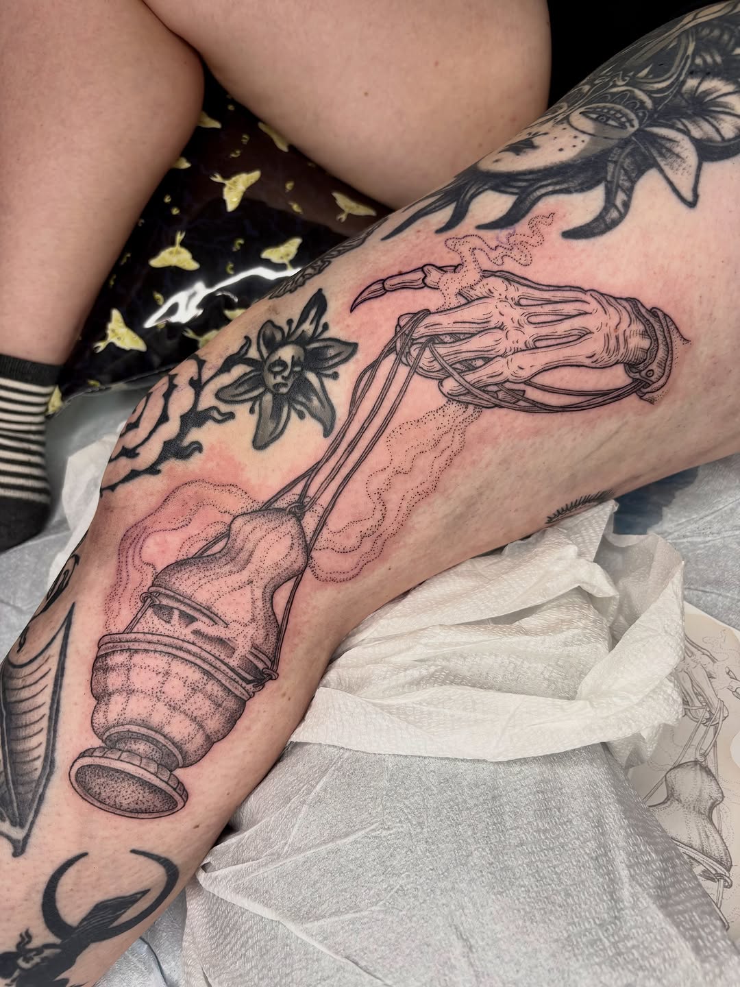 Tattoo by @softcorehorror — illustrative, dotwork