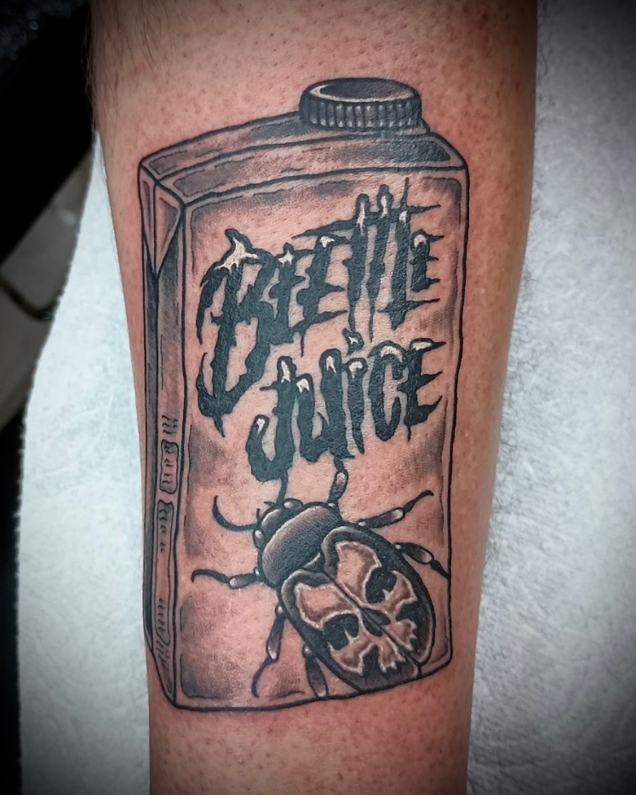 Tattoo by @mister_perks — black_and_grey, lettering_script