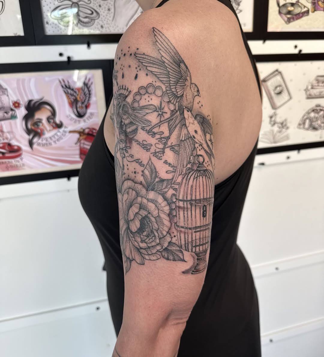 Tattoo by @inkedbydelaney — black_and_grey, lettering_script