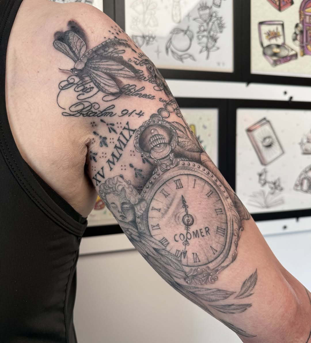 Tattoo by @inkedbydelaney — black_and_grey, lettering_script