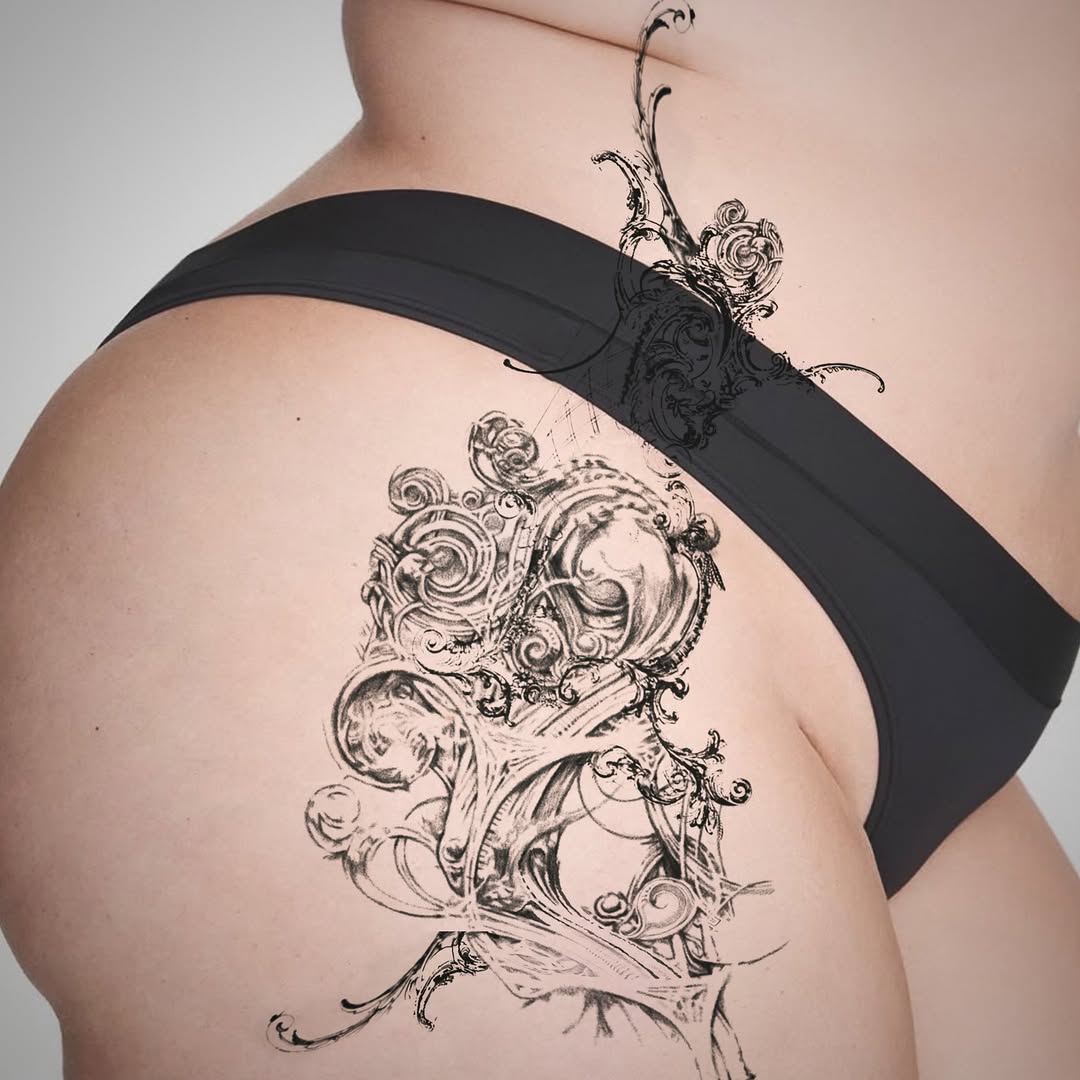 Tattoo by @initiationoftorture — black_and_grey, ornamental