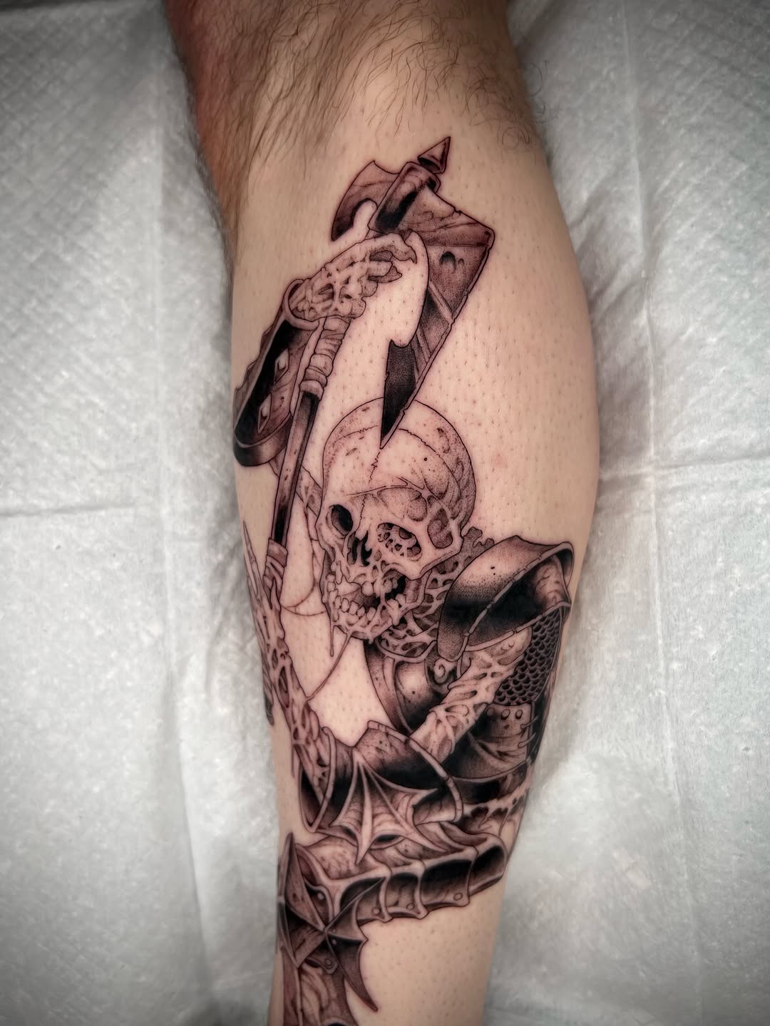 Tattoo by @revoltingworship — dark_realism, black_and_grey
