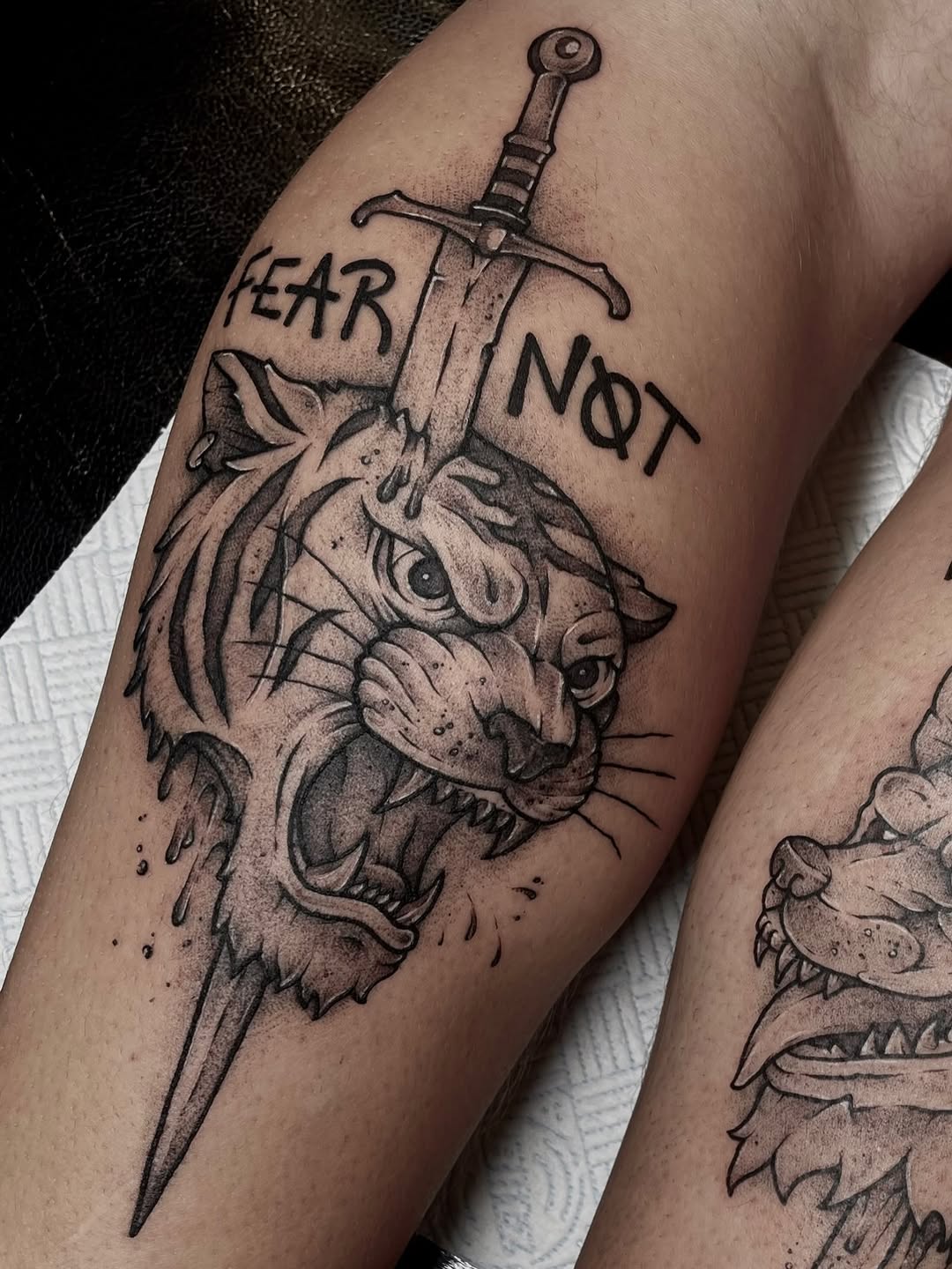 Tattoo by @dog.house.tattoo β black_and_grey, lettering_script