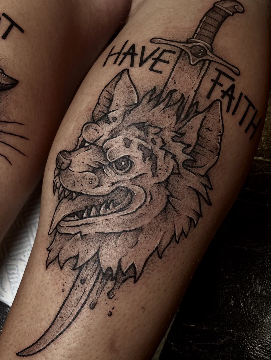 Tattoo by @dog.house.tattoo β black_and_grey, lettering_script