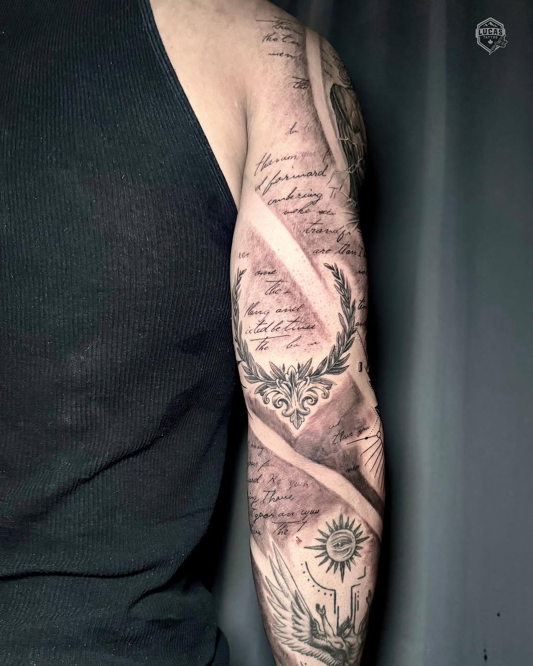 Tattoo by @lucastattoo.ca โ lettering_script, black_and_grey
