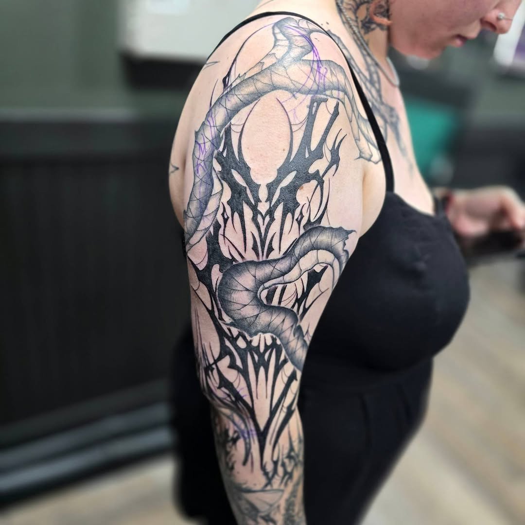 Tattoo by @dark_altar_tattoo — blackwork, trash_polka