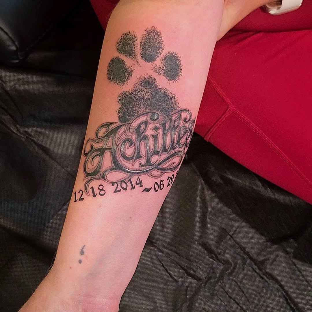 Tattoo by @creativeinsighttattoo19 β lettering_script, black_and_grey