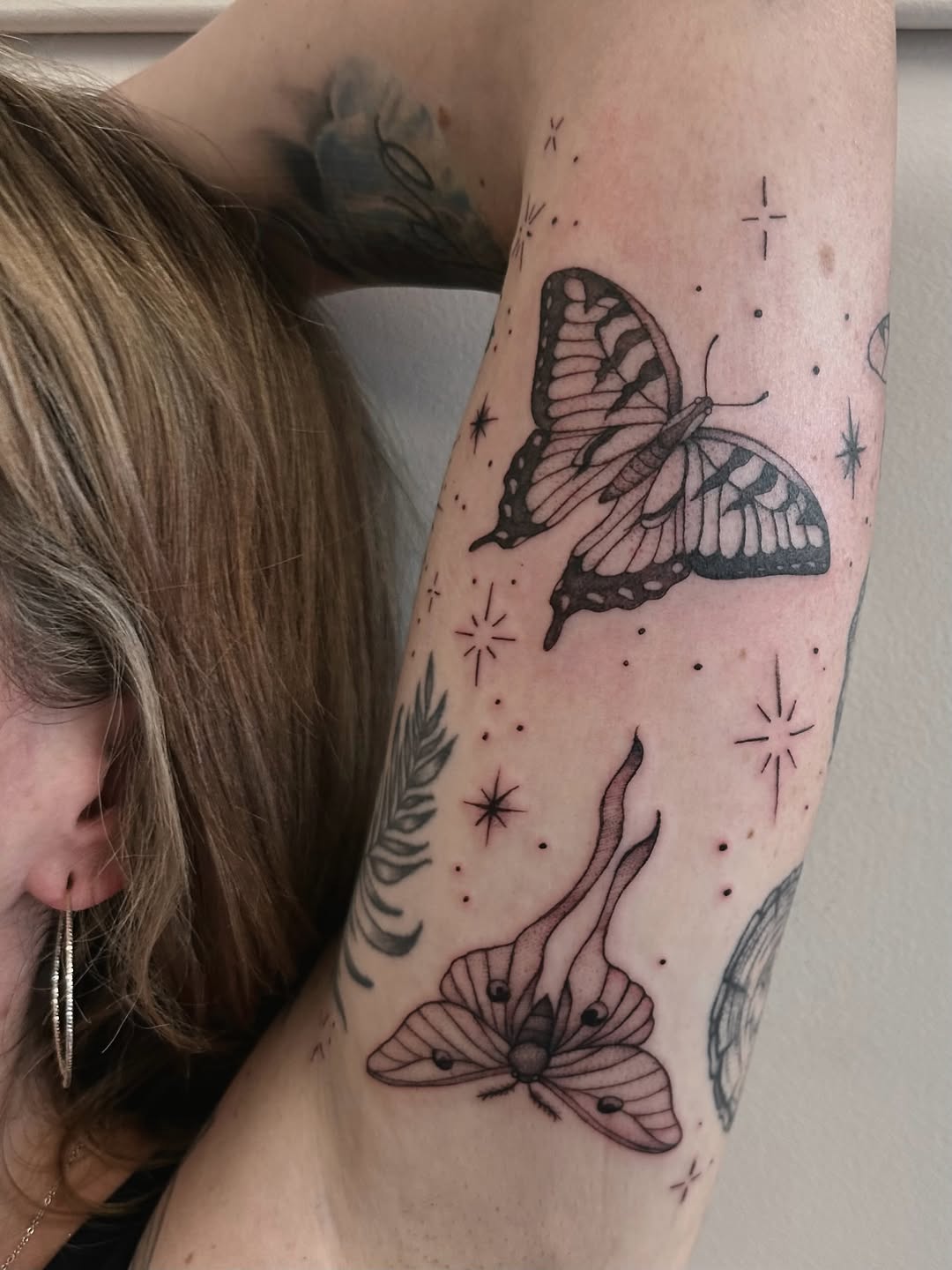 Tattoo by @shroomgrrrl — fine_line, black_and_grey