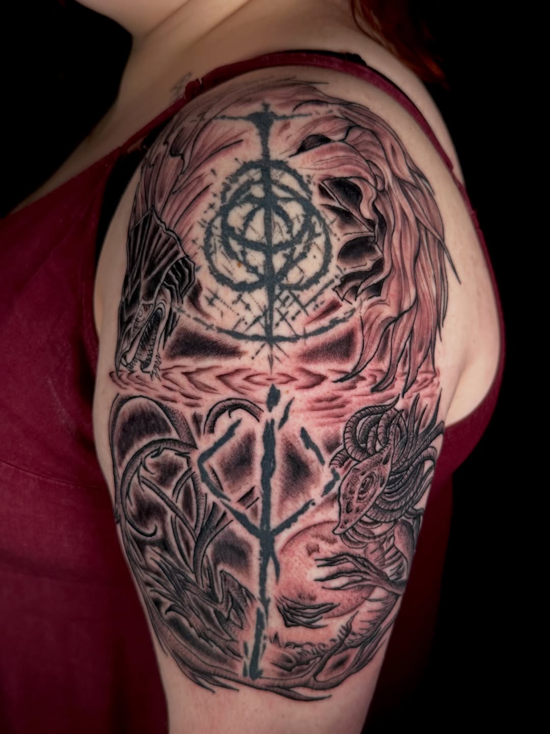 Tattoo by @cryptidtattooer — black_and_grey, dark_realism