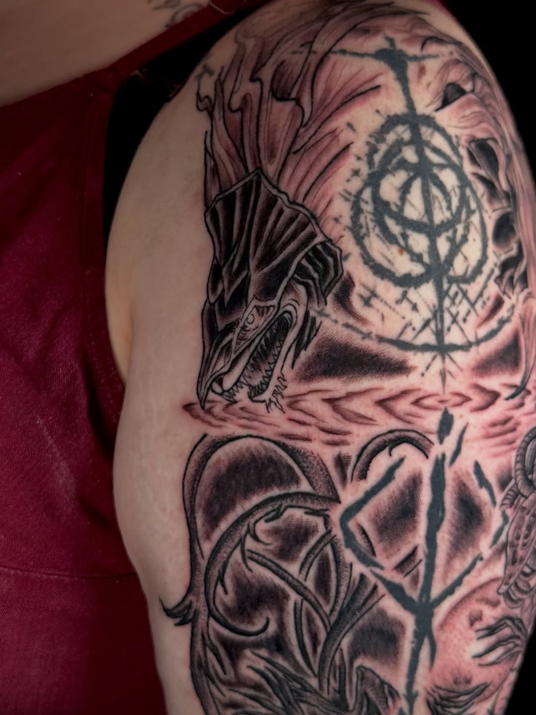 Tattoo by @cryptidtattooer — black_and_grey, dark_realism