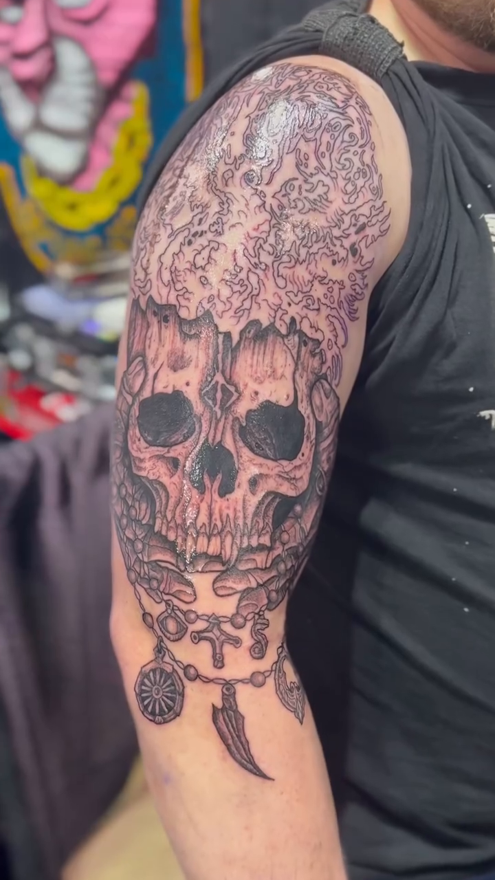 Tattoo by @skiesafiretattoo โ dark_realism, black_and_grey
