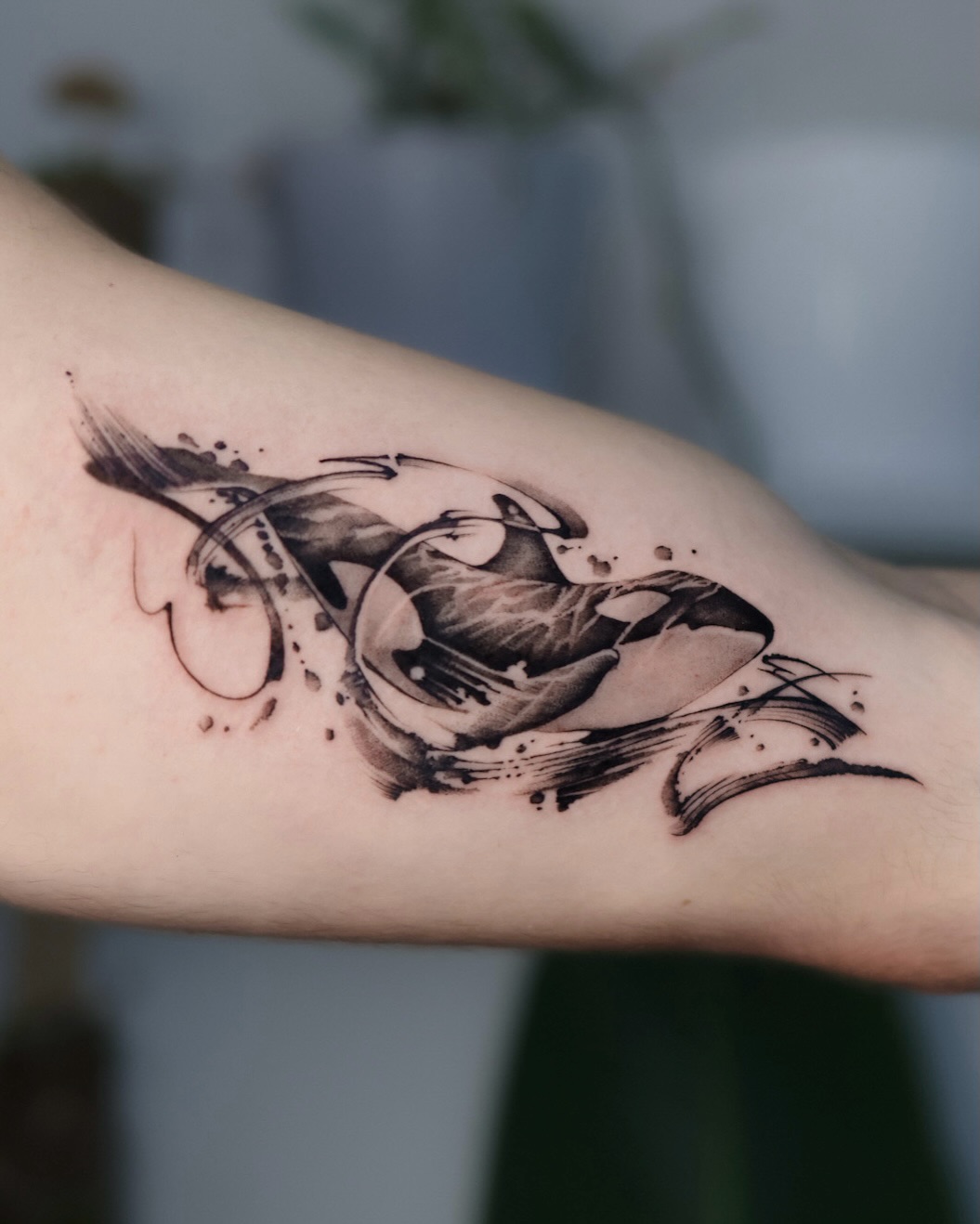 Tattoo by @orca._ink — black_and_grey, trash_polka